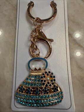Fashion Jewelry Gold-Tone bag charm or Keychain with Blue and Teal Crystals